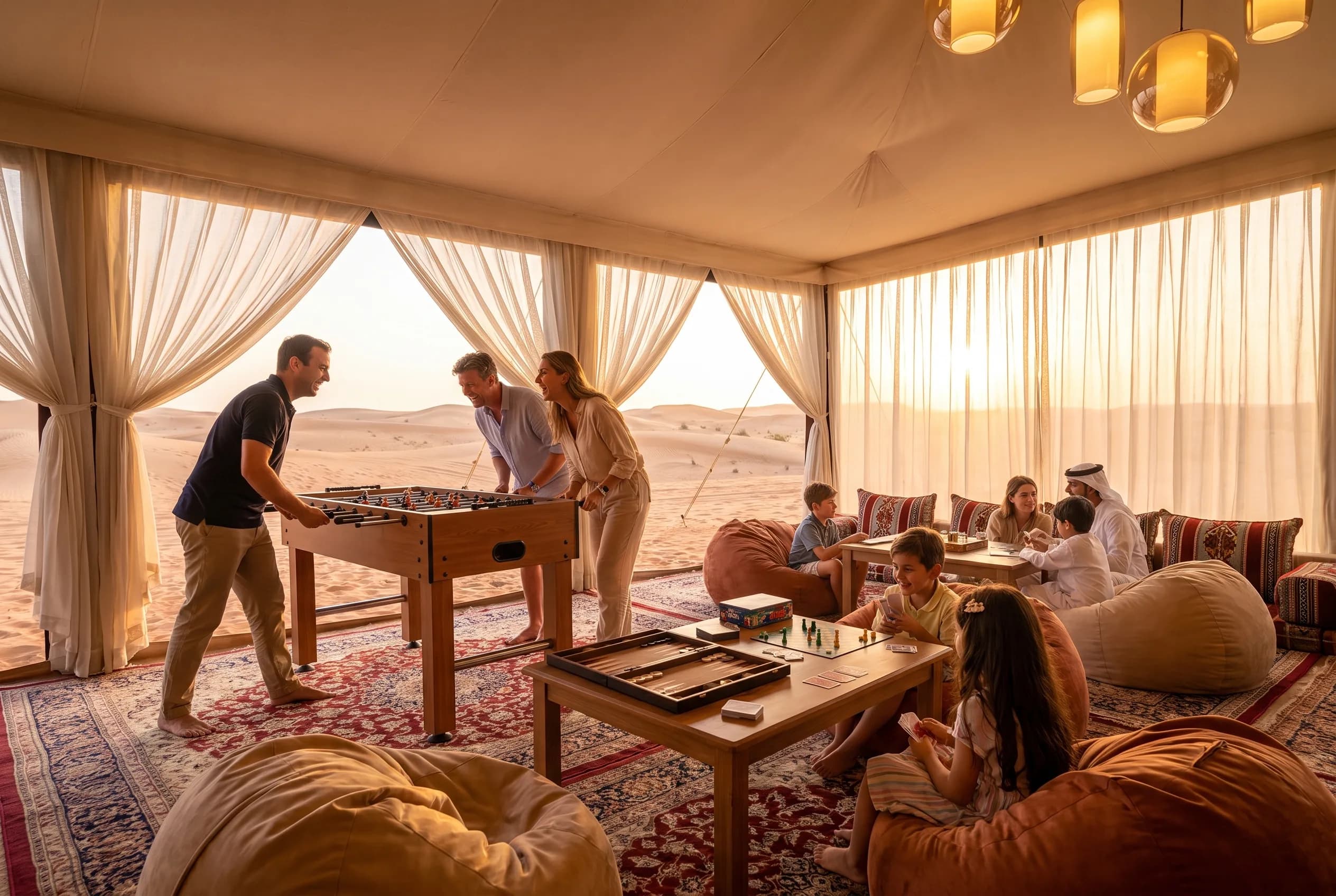 Coin jeux du camp King of Desert : baby-foot et jeux de societe dans la tente majlis